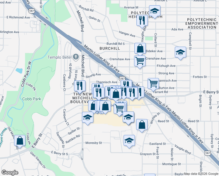 map of restaurants, bars, coffee shops, grocery stores, and more near 2720 Thannisch Avenue in Fort Worth