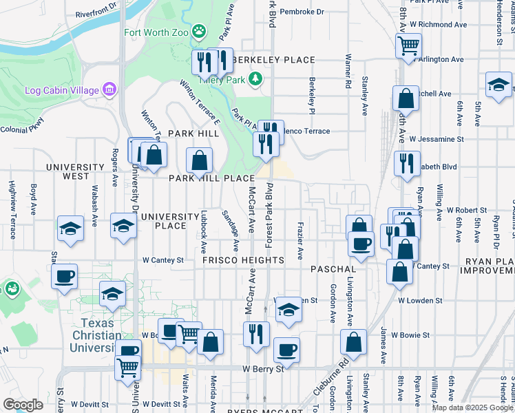 map of restaurants, bars, coffee shops, grocery stores, and more near 2525 McCart Avenue in Fort Worth