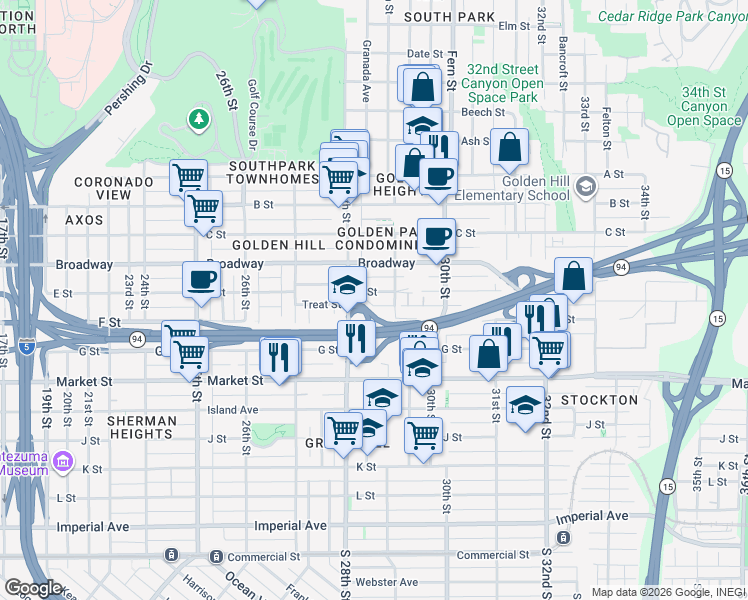 map of restaurants, bars, coffee shops, grocery stores, and more near 2884 E Street in San Diego