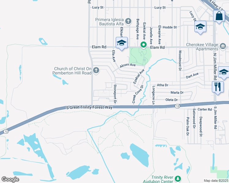 map of restaurants, bars, coffee shops, grocery stores, and more near 221 Stoneport Drive in Dallas