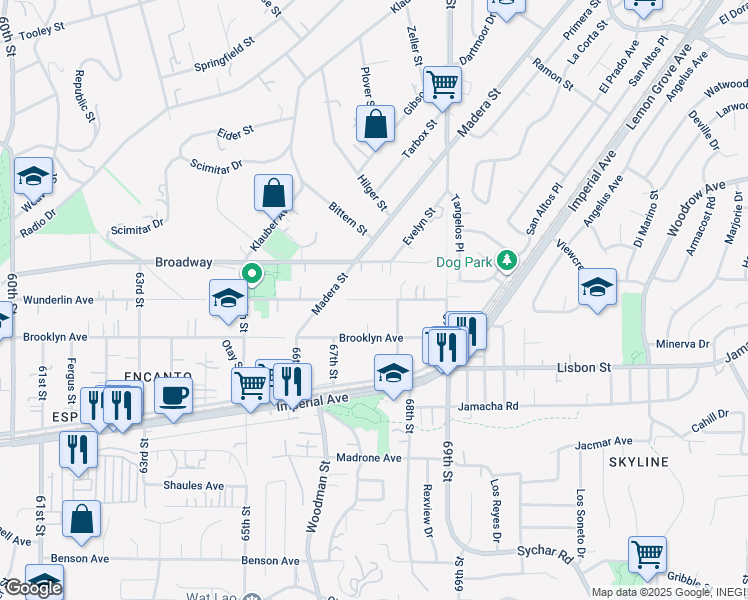 map of restaurants, bars, coffee shops, grocery stores, and more near 6746 Wunderlin Ave in San Diego