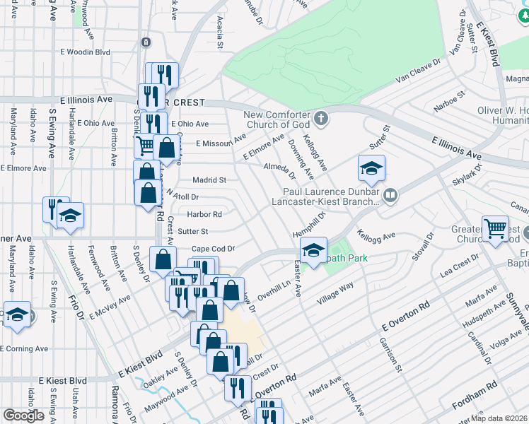 map of restaurants, bars, coffee shops, grocery stores, and more near 2653 Easter Avenue in Dallas