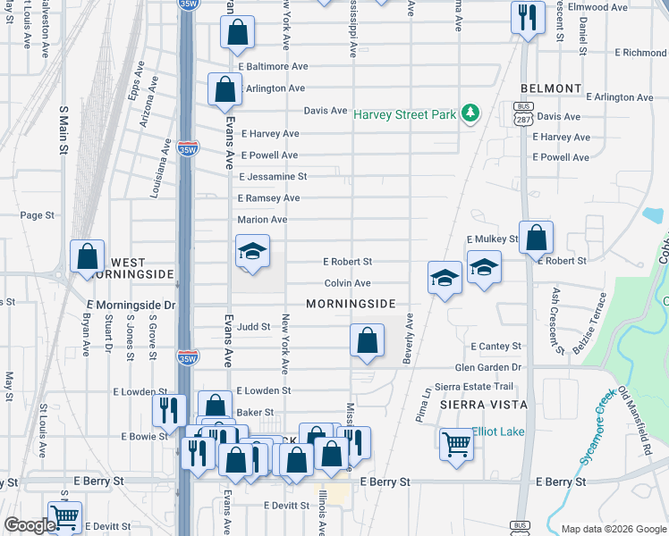 map of restaurants, bars, coffee shops, grocery stores, and more near 1037 East Robert Street in Fort Worth