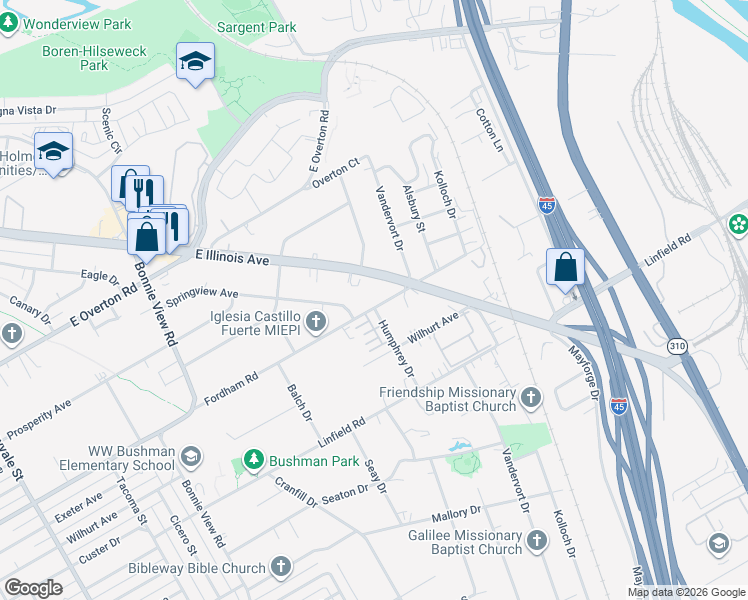 map of restaurants, bars, coffee shops, grocery stores, and more near 3416 East Illinois Avenue in Dallas