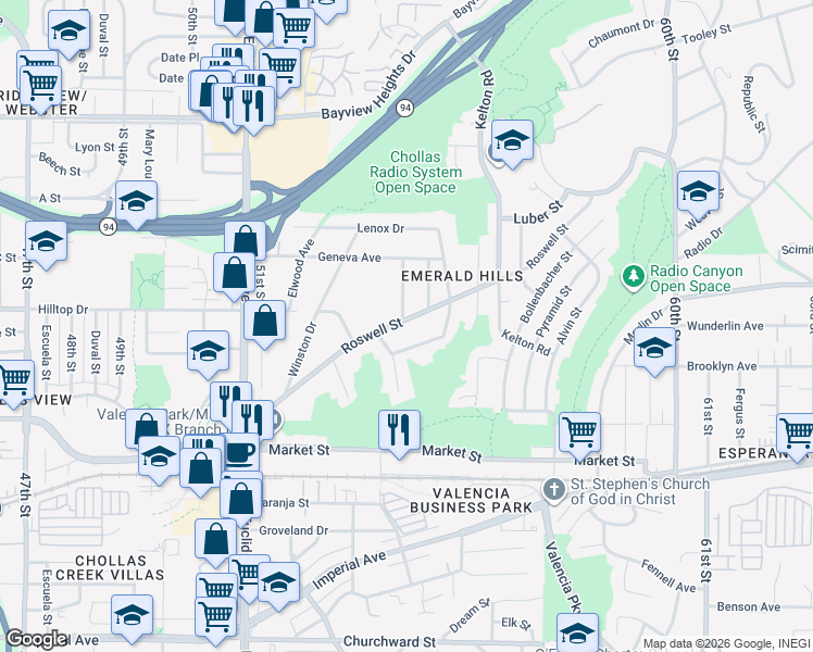 map of restaurants, bars, coffee shops, grocery stores, and more near 5451 Roswell Street in San Diego