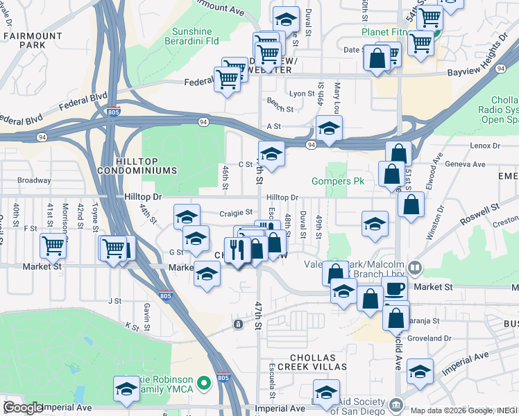map of restaurants, bars, coffee shops, grocery stores, and more near 47th Street in San Diego