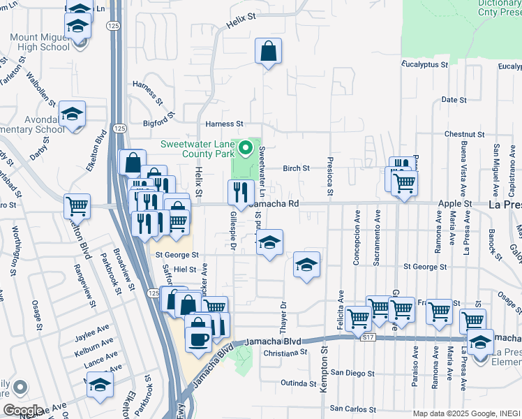 map of restaurants, bars, coffee shops, grocery stores, and more near 9029 Jamacha Road in Spring Valley