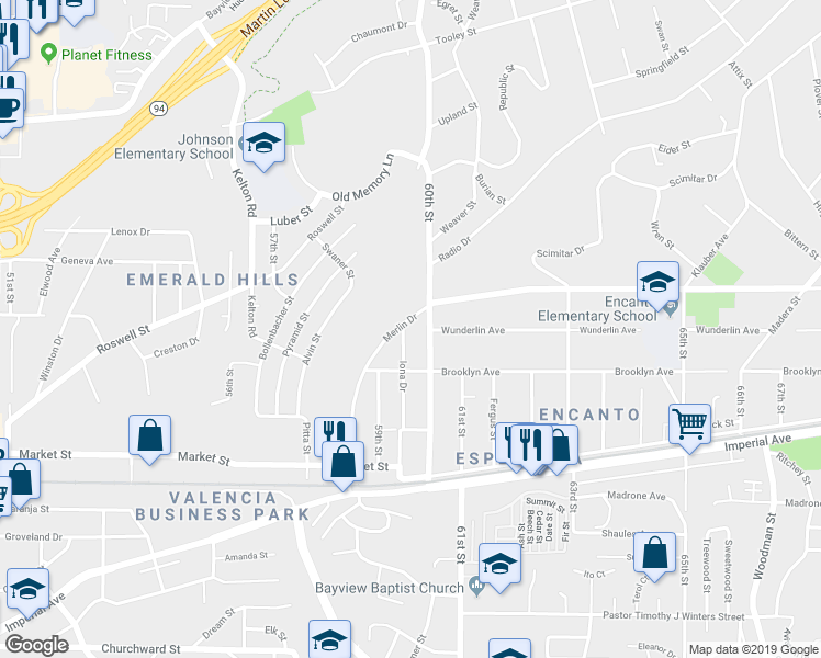 map of restaurants, bars, coffee shops, grocery stores, and more near 885 Iona Drive in San Diego