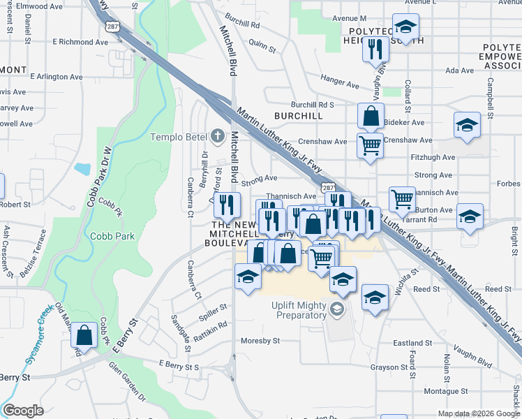 map of restaurants, bars, coffee shops, grocery stores, and more near 2666 Thannisch Avenue in Fort Worth