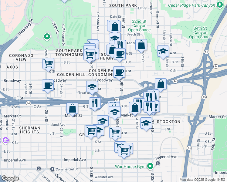 map of restaurants, bars, coffee shops, grocery stores, and more near 2964 E Street in San Diego