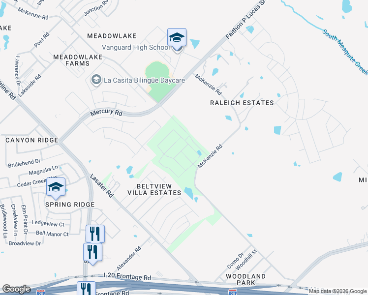map of restaurants, bars, coffee shops, grocery stores, and more near 2501 McKenzie Road in Mesquite
