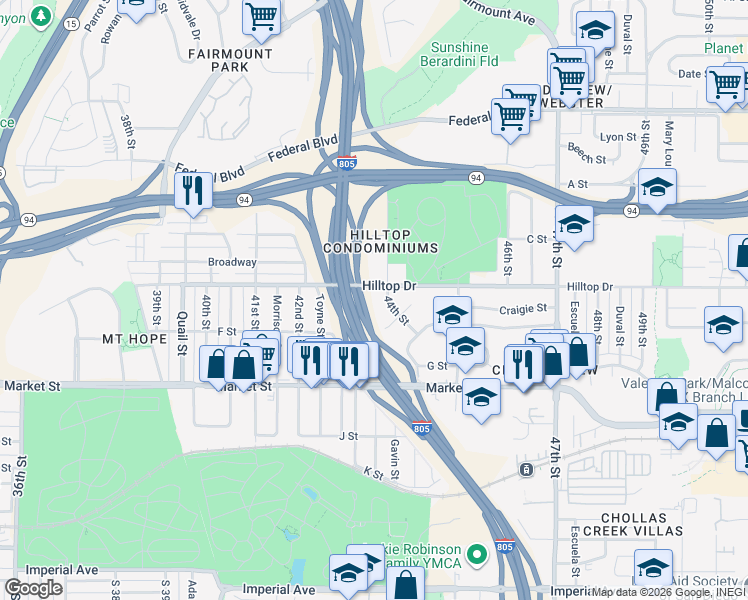 map of restaurants, bars, coffee shops, grocery stores, and more near 4339 Hilltop Drive in San Diego