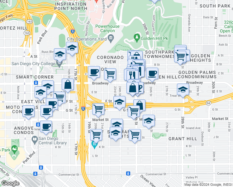 map of restaurants, bars, coffee shops, grocery stores, and more near 2331 E Street in San Diego