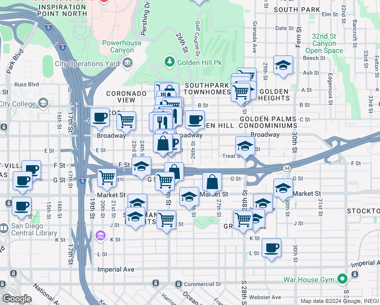 map of restaurants, bars, coffee shops, grocery stores, and more near 846 26th Street in San Diego