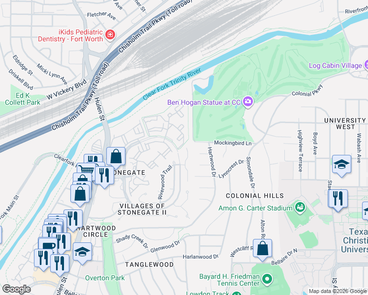 map of restaurants, bars, coffee shops, grocery stores, and more near 2604 Torrey Pines Drive in Fort Worth