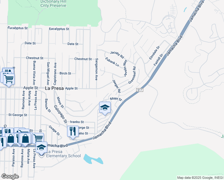 map of restaurants, bars, coffee shops, grocery stores, and more near 10030 Carissa Lane in Spring Valley