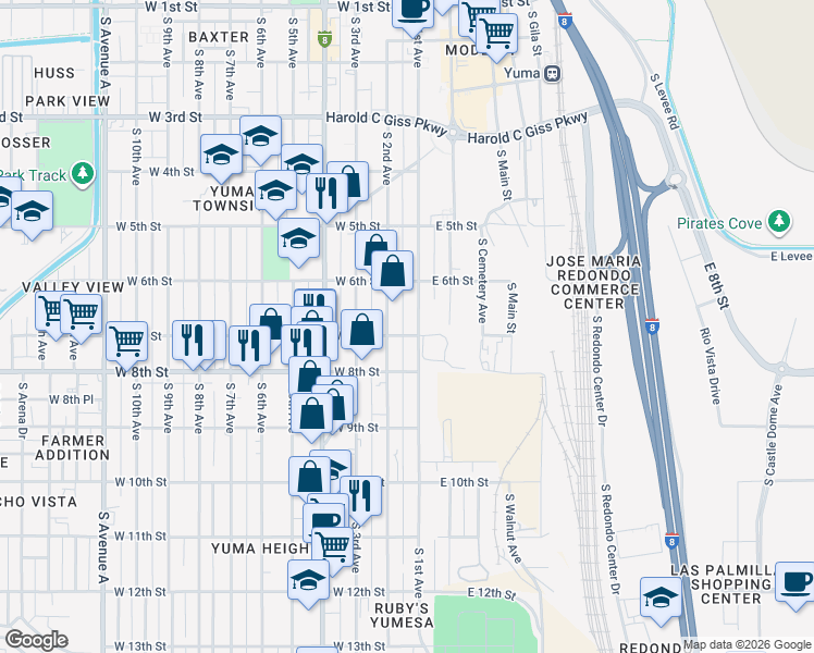 map of restaurants, bars, coffee shops, grocery stores, and more near 660a South 1st Avenue in Yuma