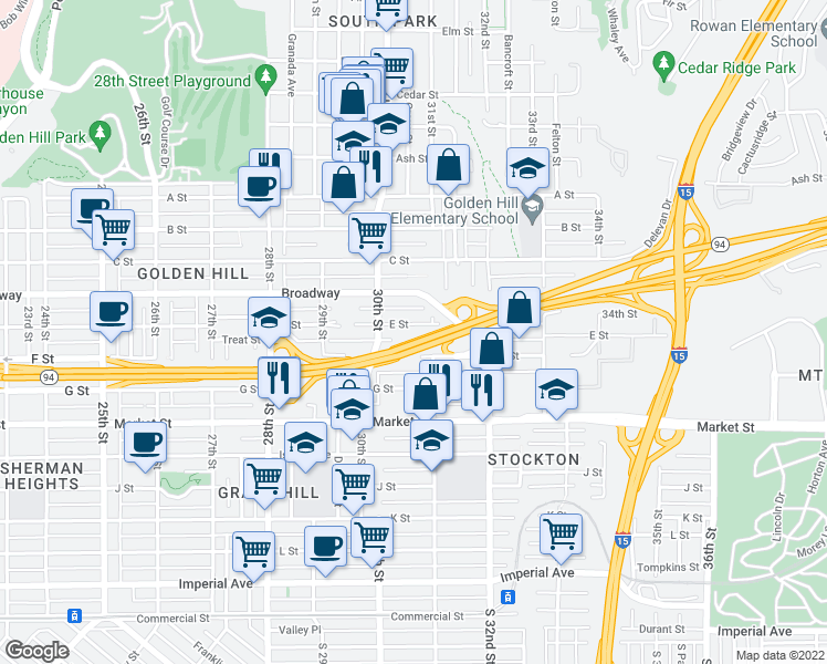 map of restaurants, bars, coffee shops, grocery stores, and more near 3090 E Street in San Diego