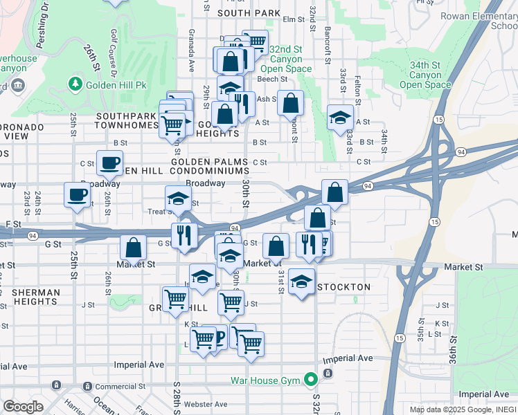 map of restaurants, bars, coffee shops, grocery stores, and more near 3024 E Street in San Diego