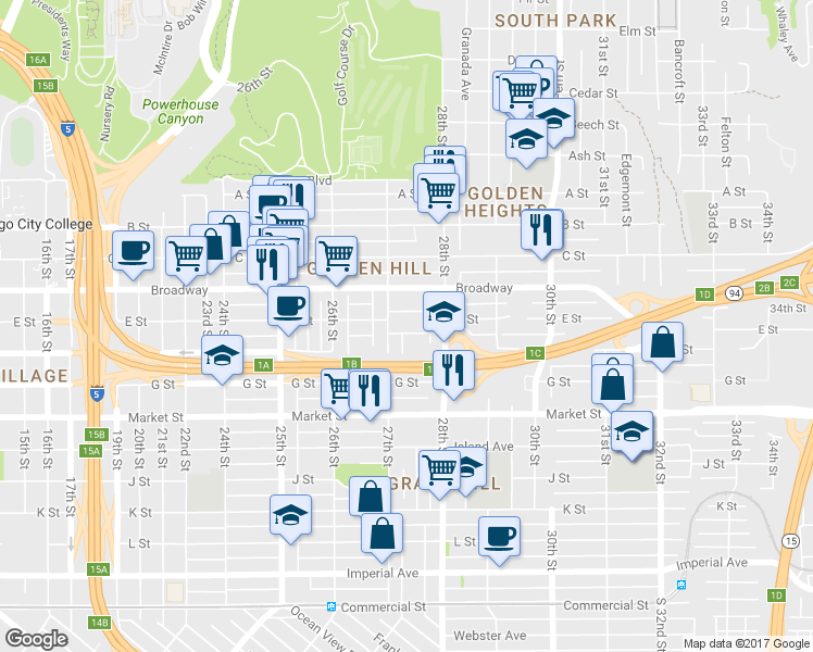 map of restaurants, bars, coffee shops, grocery stores, and more near 2743 E Street in San Diego