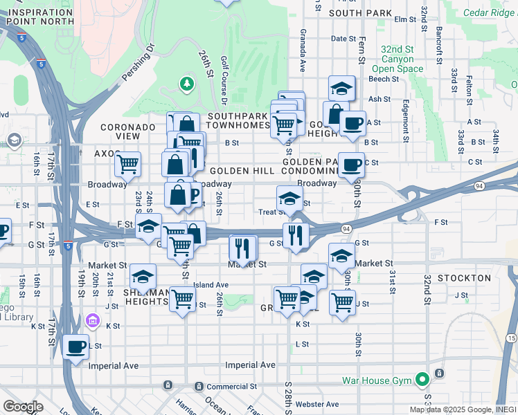 map of restaurants, bars, coffee shops, grocery stores, and more near 2743 E Street in San Diego