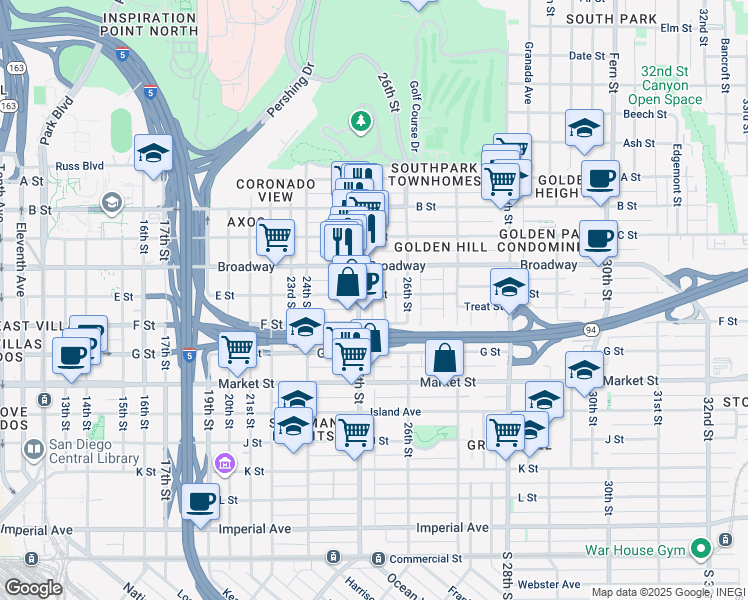 map of restaurants, bars, coffee shops, grocery stores, and more near 2532 E Street in San Diego