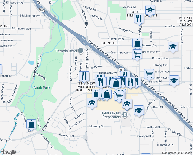 map of restaurants, bars, coffee shops, grocery stores, and more near 2666 Thannisch Avenue in Fort Worth