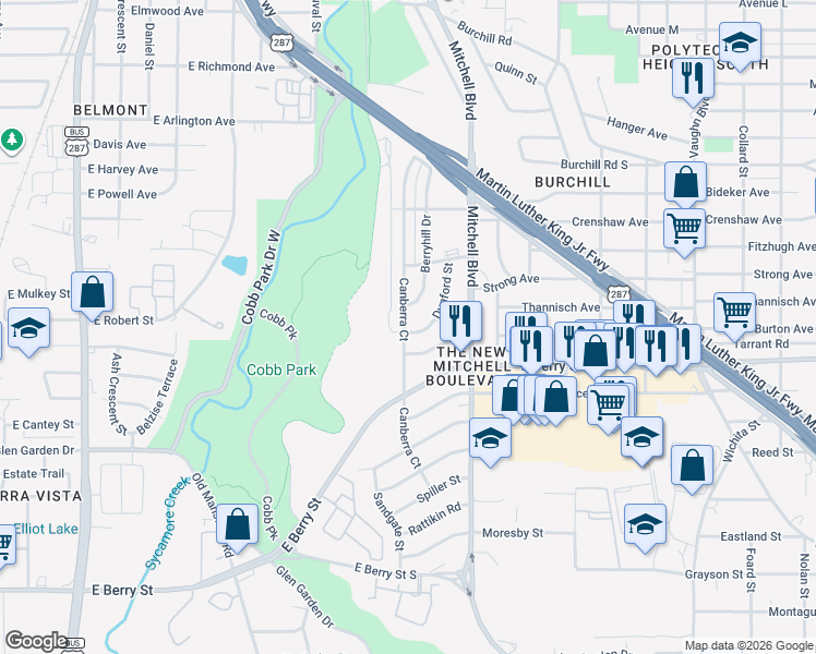 map of restaurants, bars, coffee shops, grocery stores, and more near 3004 Canberra Court in Fort Worth