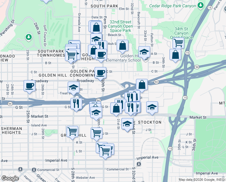 map of restaurants, bars, coffee shops, grocery stores, and more near 3090 E Street in San Diego