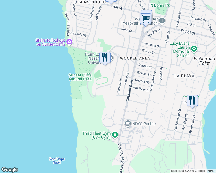 map of restaurants, bars, coffee shops, grocery stores, and more near 47 Pepper Tree Lane in San Diego