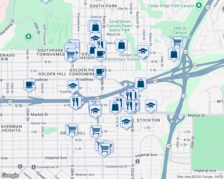 map of restaurants, bars, coffee shops, grocery stores, and more near 3090 E Street in San Diego