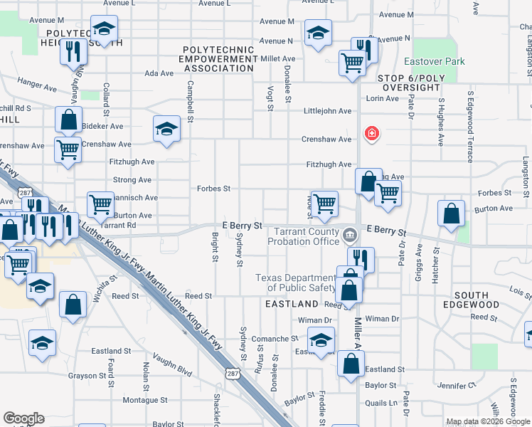 map of restaurants, bars, coffee shops, grocery stores, and more near 3116 Rufus Street in Fort Worth