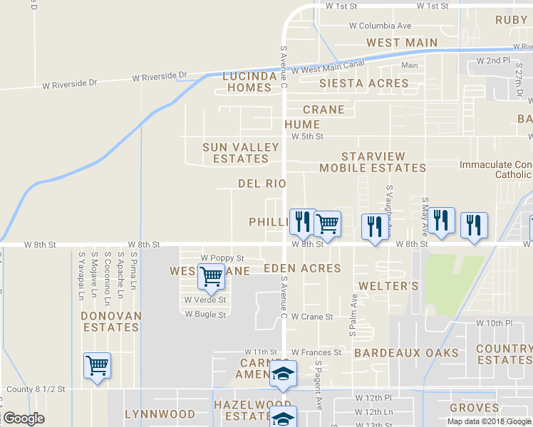map of restaurants, bars, coffee shops, grocery stores, and more near 7919 South Phillips Avenue in Yuma