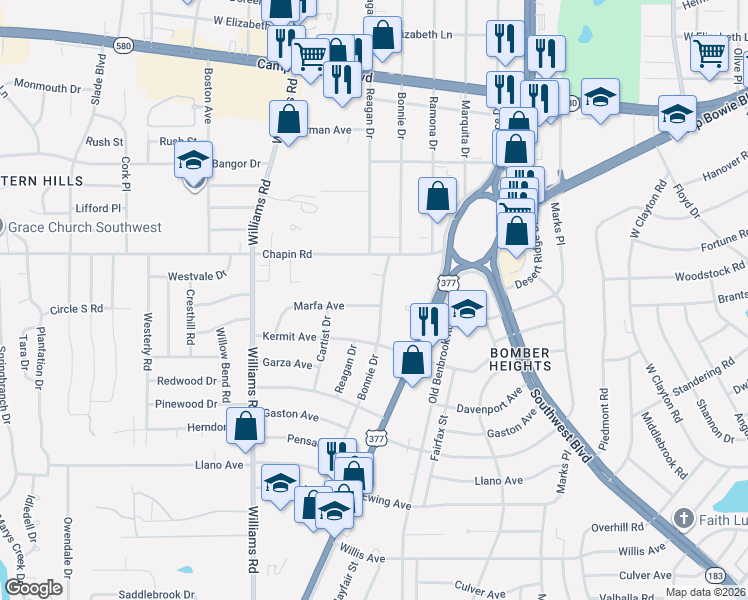 map of restaurants, bars, coffee shops, grocery stores, and more near 3820 Bonnie Drive in Fort Worth