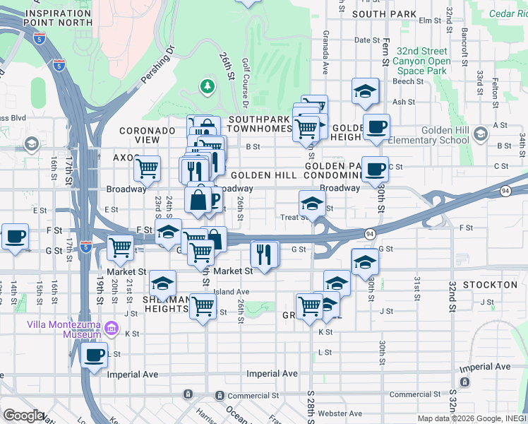 map of restaurants, bars, coffee shops, grocery stores, and more near 2682 E Street in San Diego