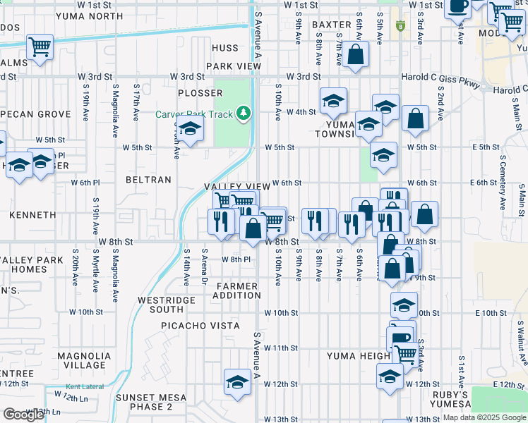 map of restaurants, bars, coffee shops, grocery stores, and more near 661 South Avenue A in Yuma
