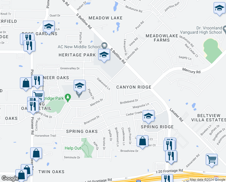 map of restaurants, bars, coffee shops, grocery stores, and more near 14732 Oakwood Lane in Balch Springs