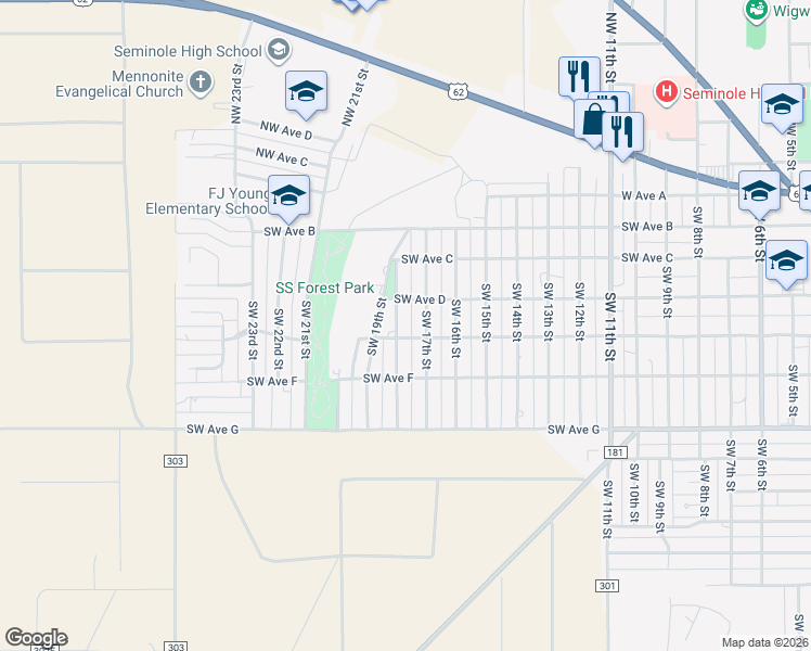 map of restaurants, bars, coffee shops, grocery stores, and more near 402 SW 18th St in Seminole