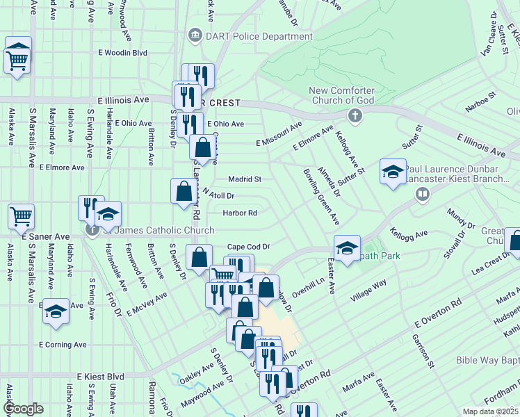 map of restaurants, bars, coffee shops, grocery stores, and more near 1581 Harbor Road in Dallas