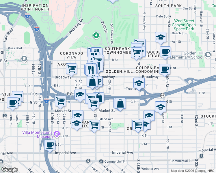 map of restaurants, bars, coffee shops, grocery stores, and more near 846 26th Street in San Diego