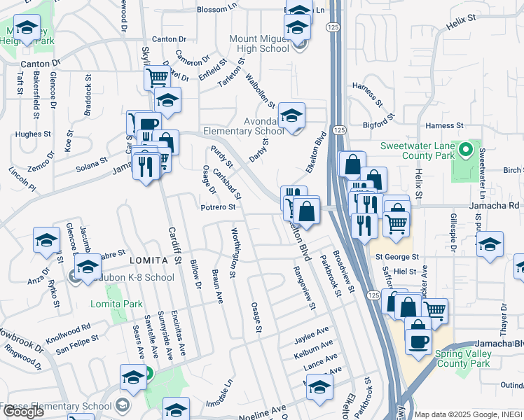 map of restaurants, bars, coffee shops, grocery stores, and more near 8838 Ashmore Avenue in Spring Valley