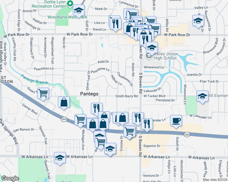 map of restaurants, bars, coffee shops, grocery stores, and more near 1706 Dickerson Drive in Pantego