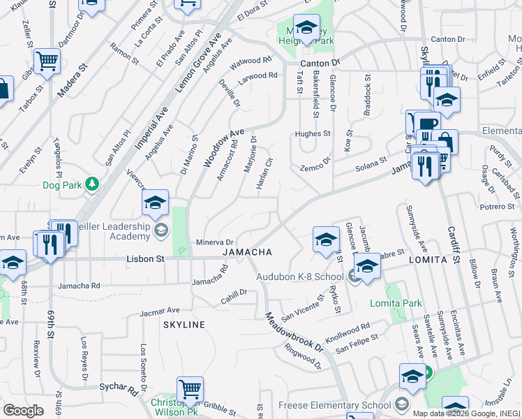 map of restaurants, bars, coffee shops, grocery stores, and more near 7544 Easthill Drive in San Diego