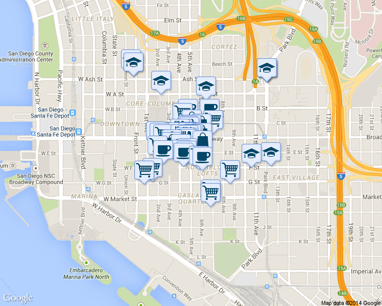 map of restaurants, bars, coffee shops, grocery stores, and more near 5th Avenue & E Street in San Diego