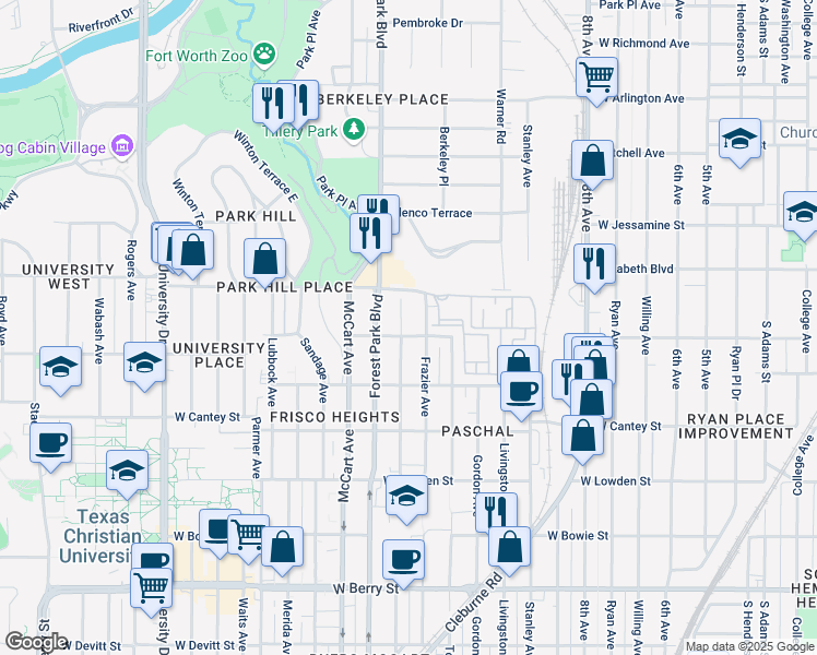 map of restaurants, bars, coffee shops, grocery stores, and more near 2520 Wayside Avenue in Fort Worth