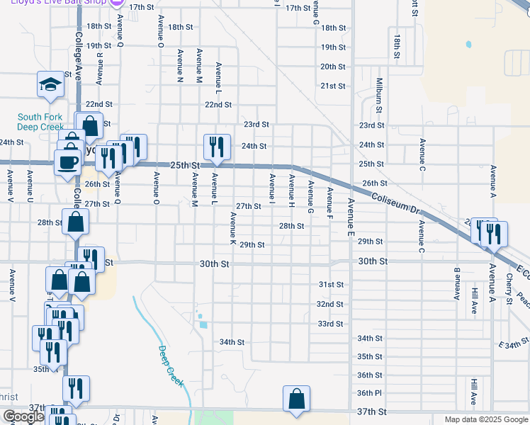 map of restaurants, bars, coffee shops, grocery stores, and more near 801-899 27th Street in Snyder