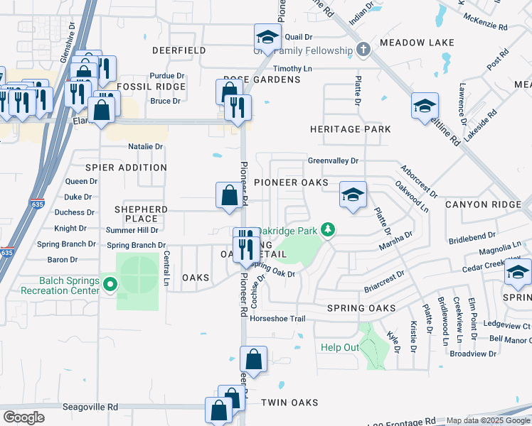 map of restaurants, bars, coffee shops, grocery stores, and more near 110 Pioneer Oaks in Balch Springs
