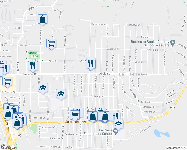 map of restaurants, bars, coffee shops, grocery stores, and more near 9410 Apple Street in Spring Valley