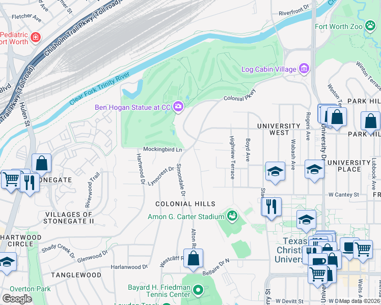 map of restaurants, bars, coffee shops, grocery stores, and more near 2600 Colonial Parkway in Fort Worth