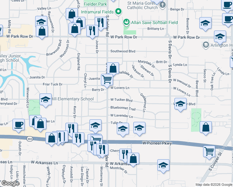 map of restaurants, bars, coffee shops, grocery stores, and more near 1500 West Lovers Lane in Arlington